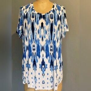 JM Collection Blue and White Ikat Short Sleeve Top